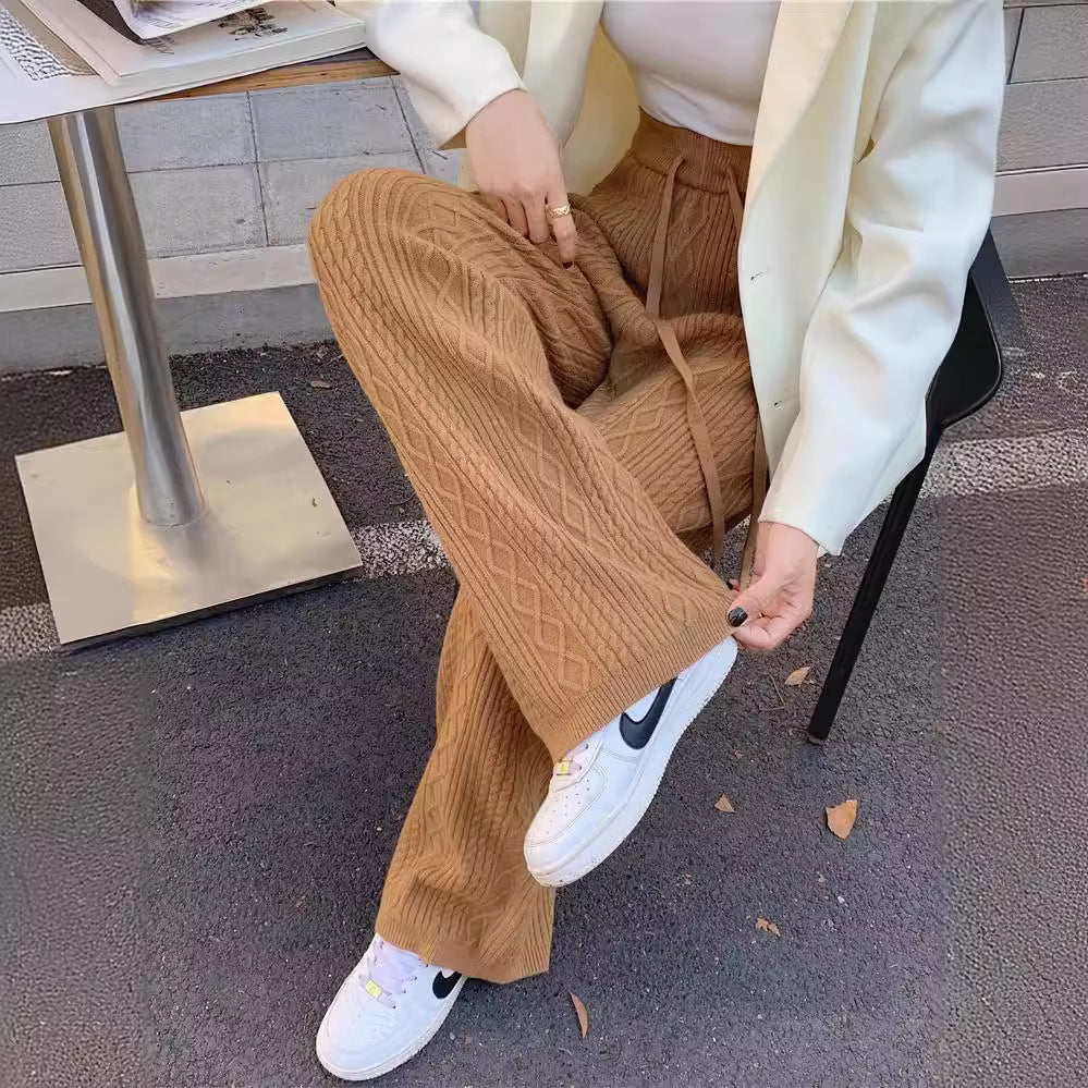 Womens Retro Cable-Knit Knit Floor-Length Wide-Leg Straight Pants