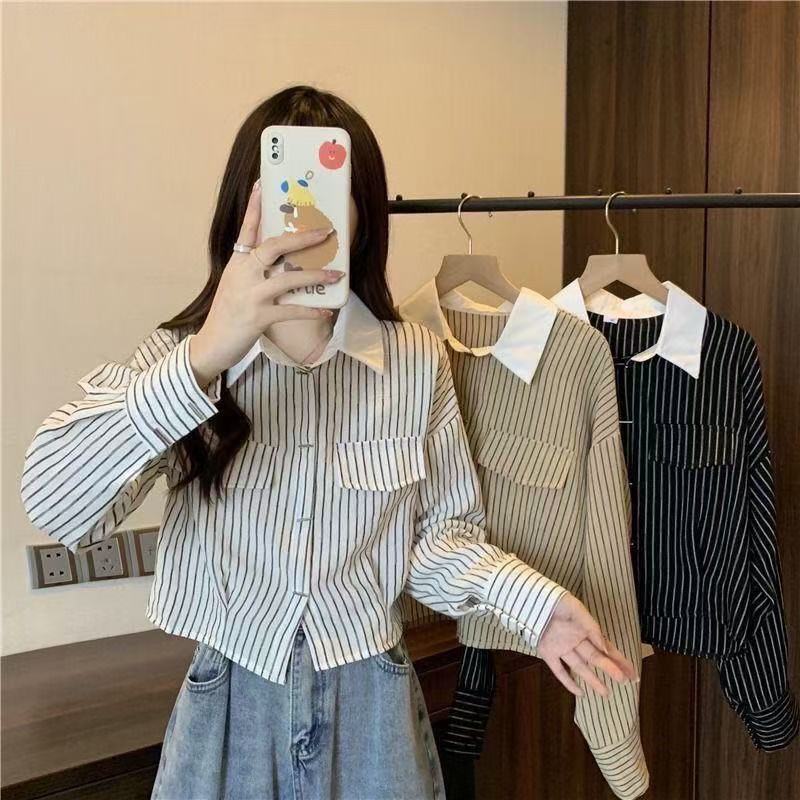 Short-stature Womens Casual Long-sleeve Striped Shirt
