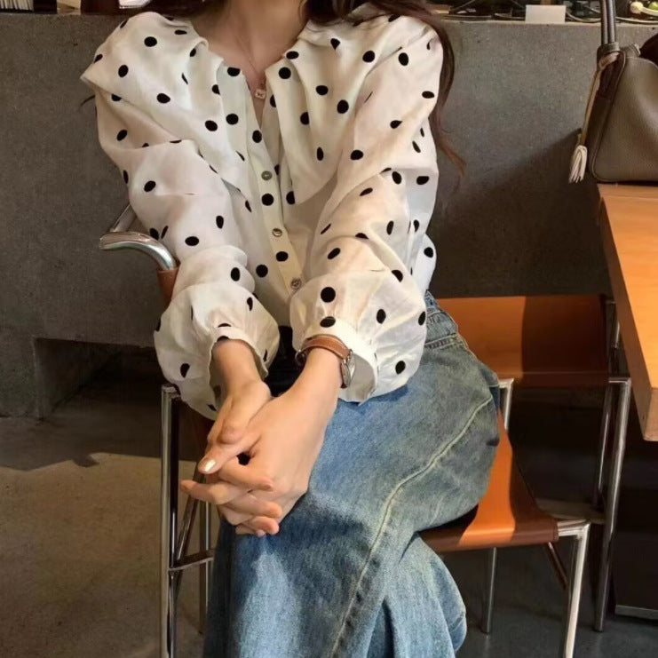 Womens Relaxed-fit Polka-dot Single-breasted Casual Shirt
