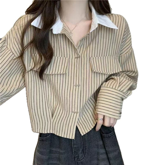 Short-stature Womens Casual Long-sleeve Striped Shirt