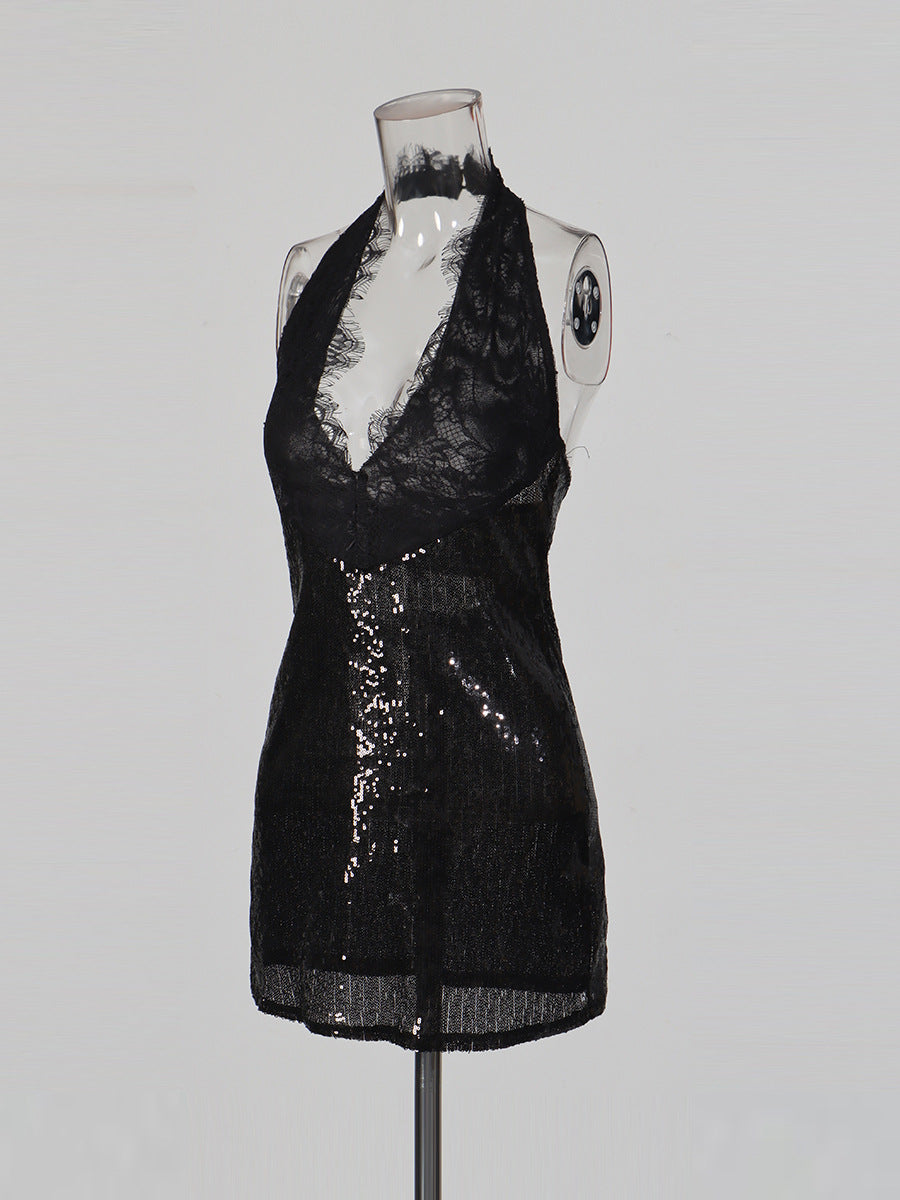 Fashionable Neck Hanging Sequin Waist Cinching Short Dress