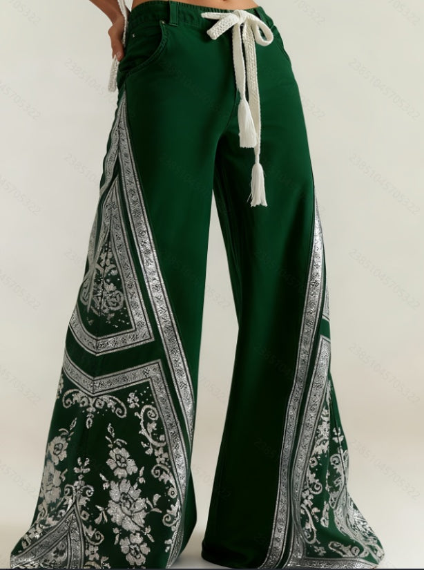Women's Retro Patchwork Wide-Leg Pants, High-Waisted Drape Flared Pants, Ethnic Style Tie Casual Pants