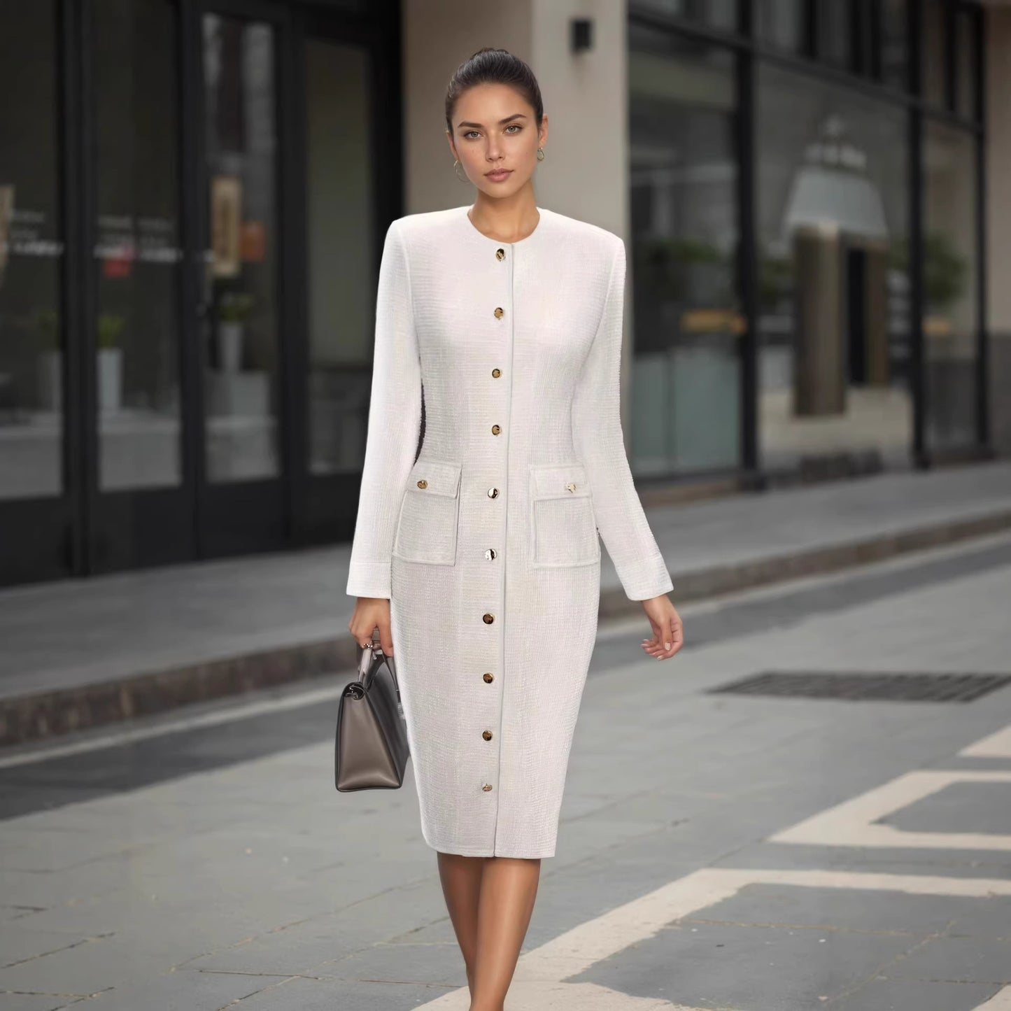 Elegant Off-white Tweed Long-sleeve Dress From Europe And The US