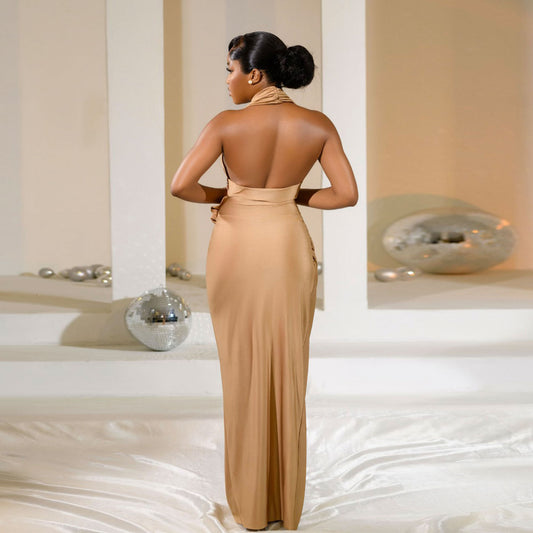 Solid-color Deep-V-neck Backless Figure-hugging Sheath Dress
