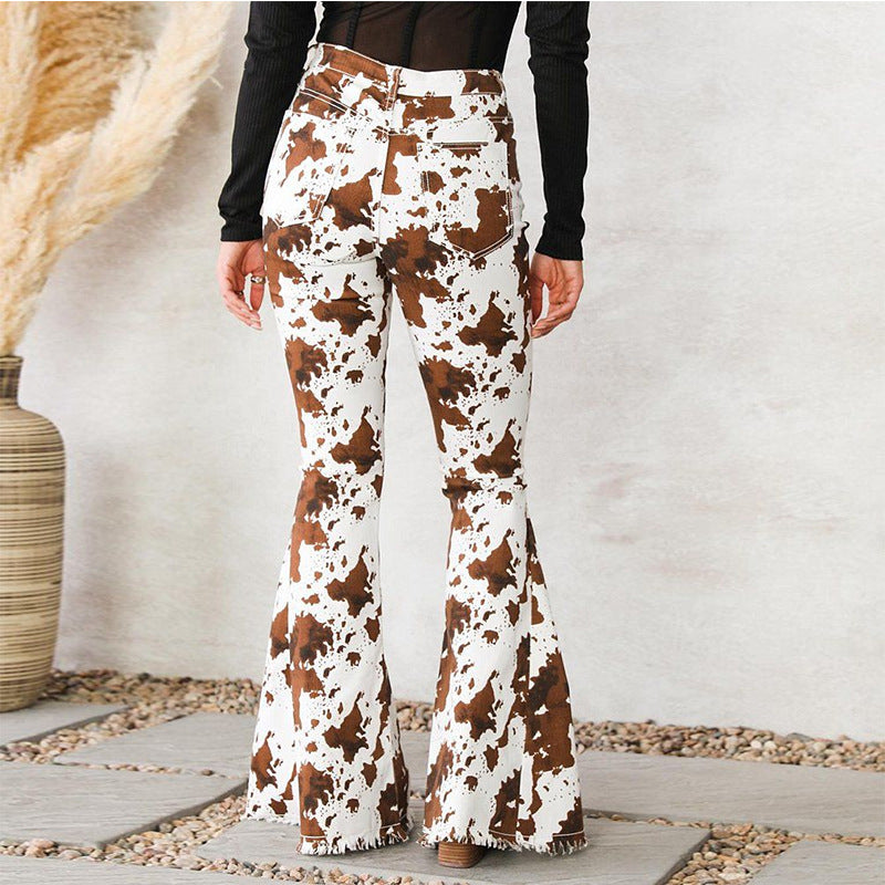 Womens Denim Floral Brown High-Waisted Flared Pants