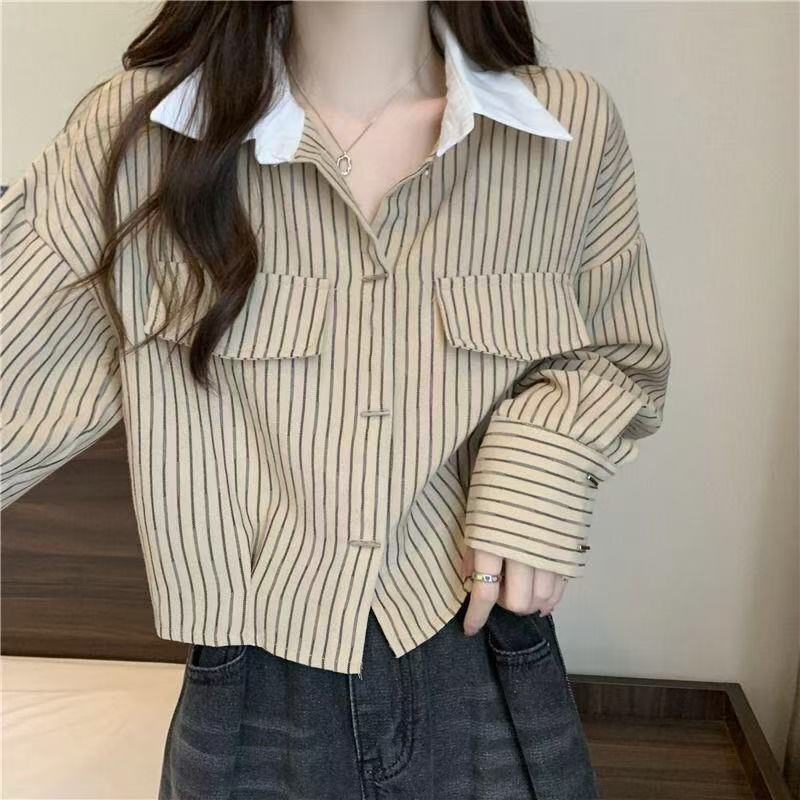 Short-stature Womens Casual Long-sleeve Striped Shirt