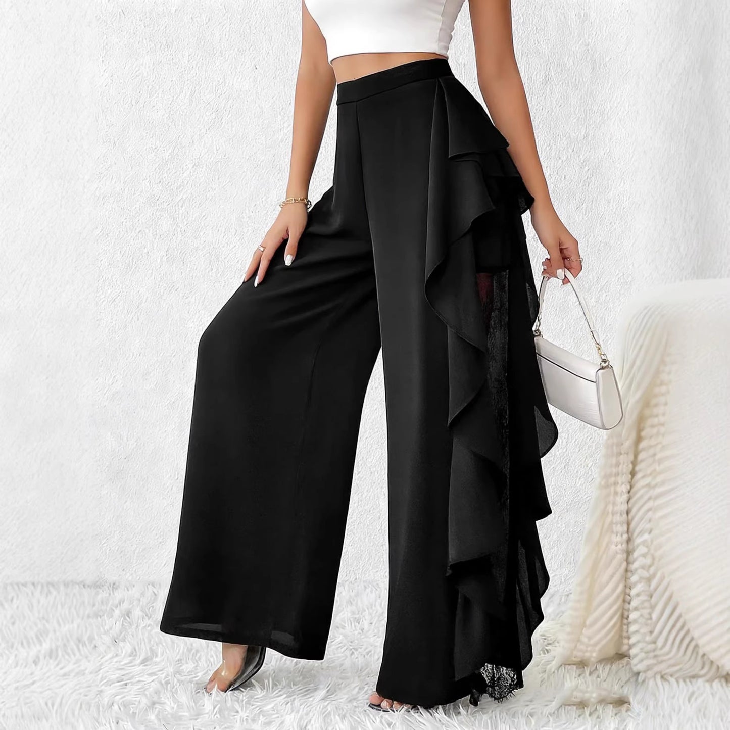 Womens High-Waisted Asymmetrical Lace Fashionable Loose Pants