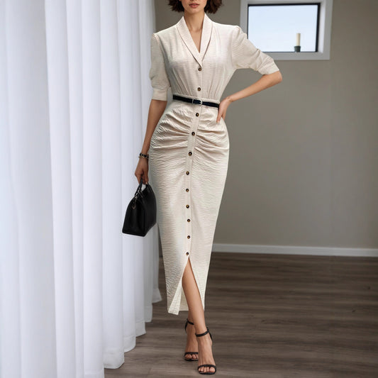 Fashionable Short-Sleeve Belted Pleated Shirt Dress