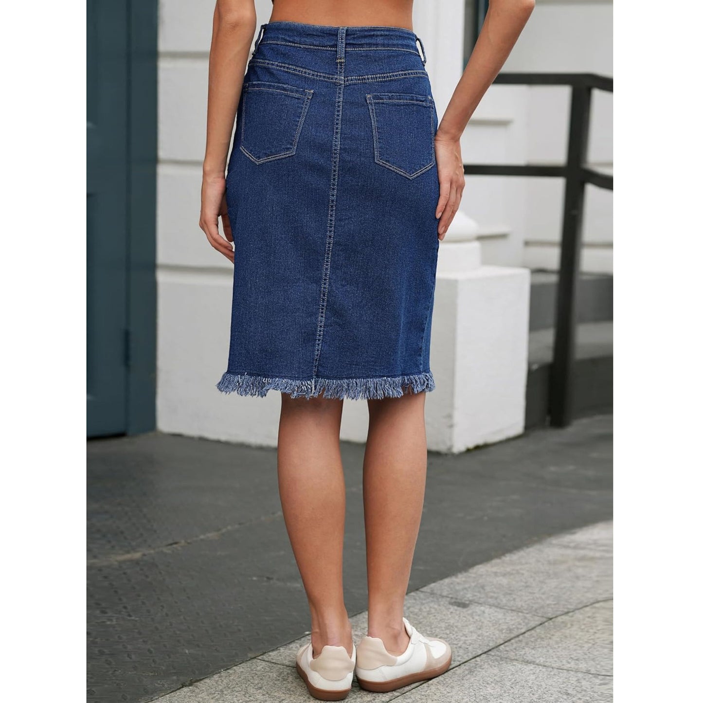 Womens Solid-Color Raw-Hem Elegant Stylish Stretch Denim Skirt