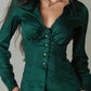 Collared Deep V-neck Button-up Slim Fit Long Sleeve Shirt Top