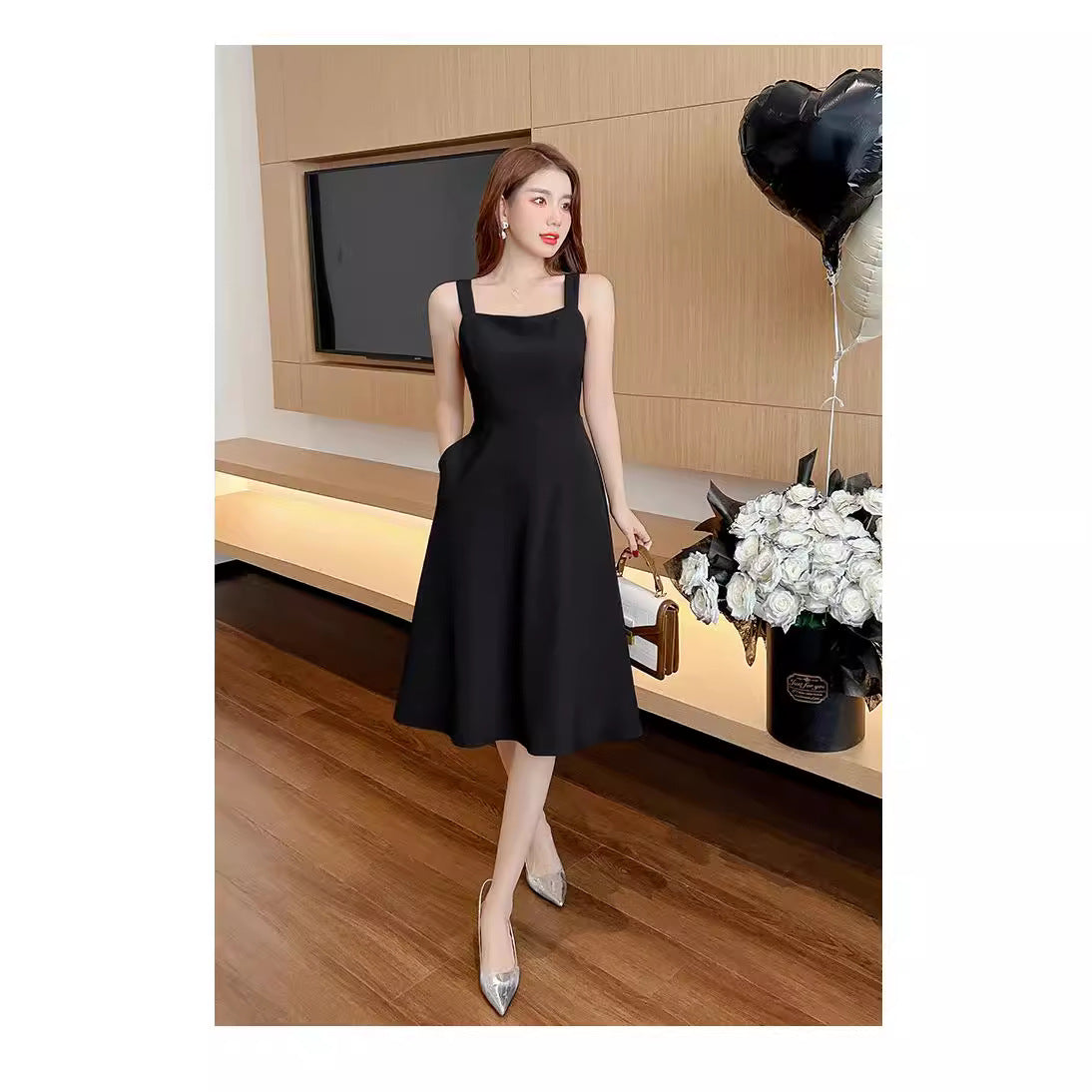Black Suspender Big Swing Skirt A Strap Skirt Spring Dress