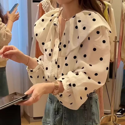 Womens Relaxed-fit Polka-dot Single-breasted Casual Shirt