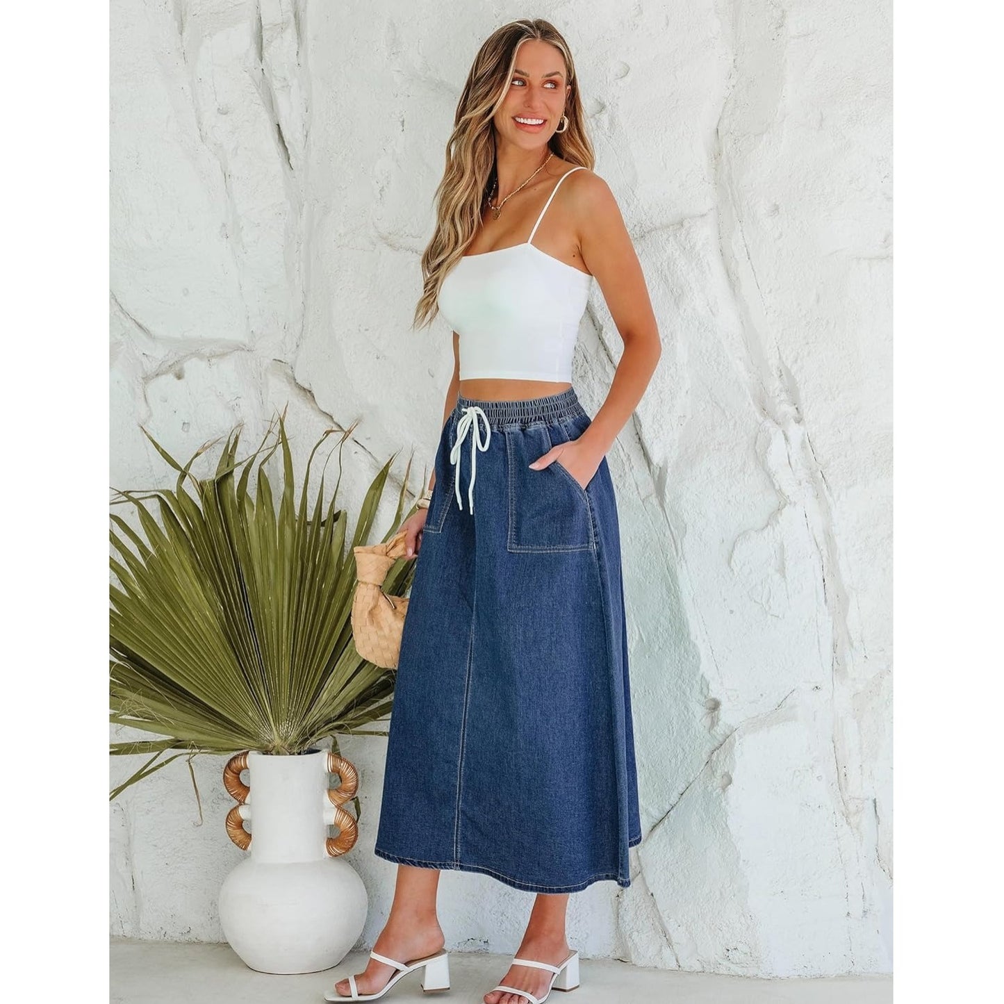 Womens Solid-Color Casual Drawstring Washed Denim Skirt