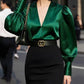 Womens Solid-Color V-Neck Silk Satin Long-Sleeve Shirt