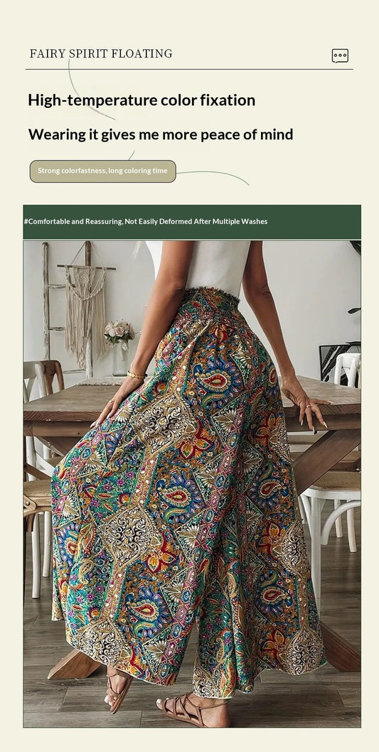 New Summer Printed High-Waisted Bohemian Wide-Leg Culottes In A Vacation Style