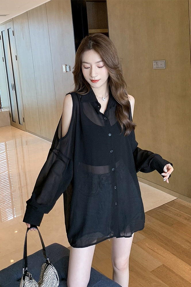 Womens Solid-Color Sun-Protective Off-Shoulder Shirt