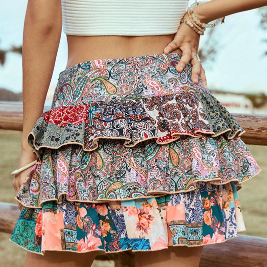 New Stylish Bohemian Party Skirt With A Retro Color-block Design