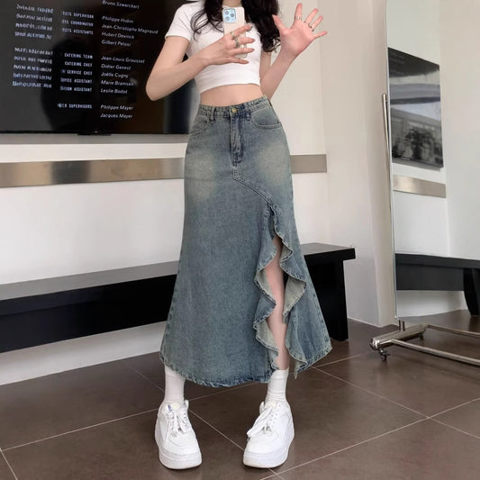 Irregularly Split Fishtail Denim Skirt