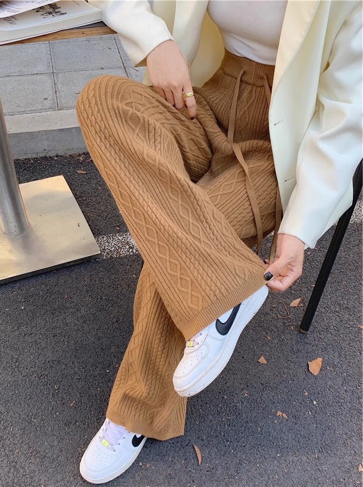 Womens Retro Cable-Knit Knit Floor-Length Wide-Leg Straight Pants