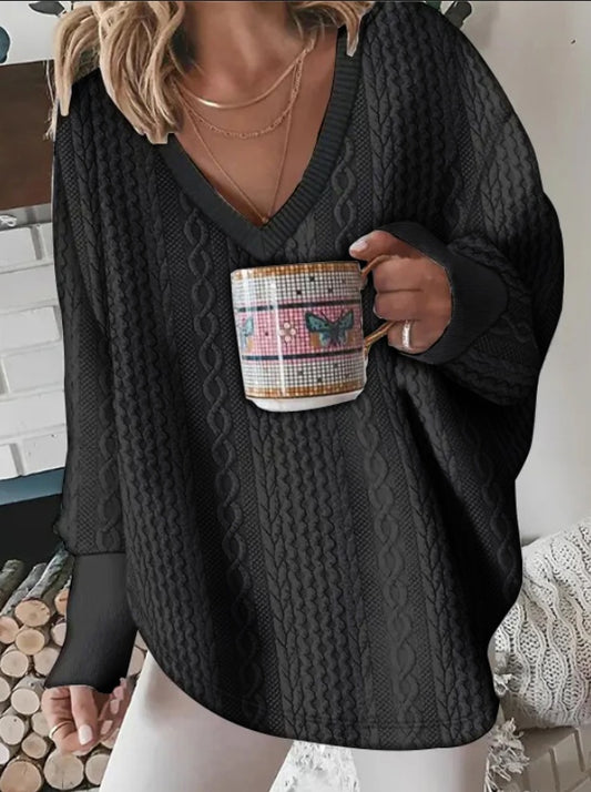 Long Sleeved V-neck Solid Color Knitted Sweater Sweatshirt