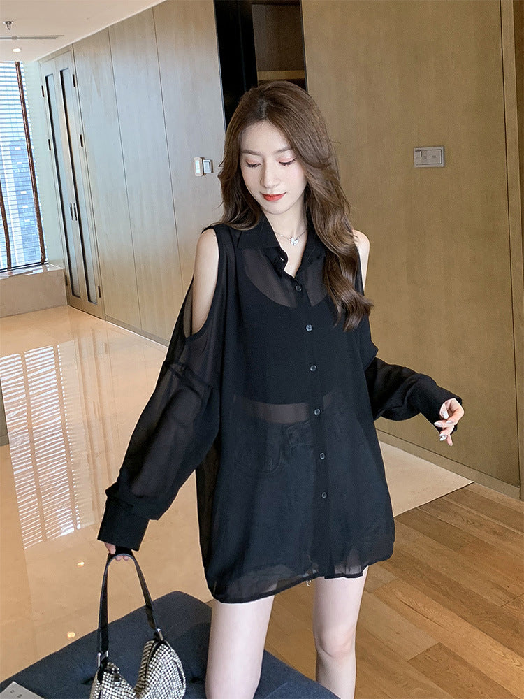 Womens Solid-Color Sun-Protective Off-Shoulder Shirt