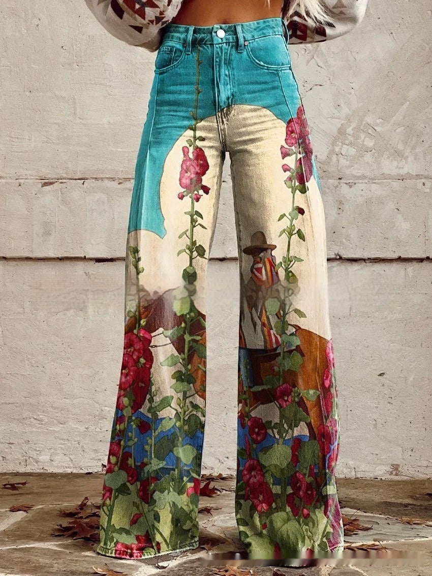 Flared Jeans Loose-fit Denim Pants With A Retro Print