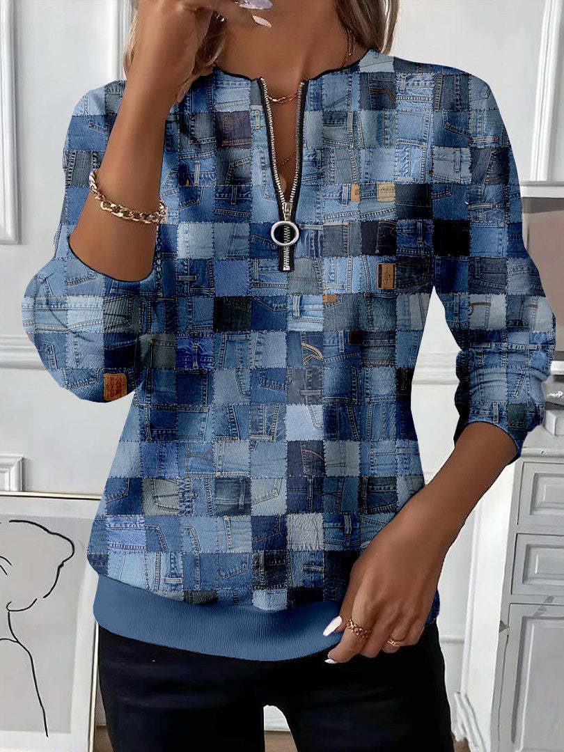 Womens Stylish Patchwork Striped Half-Zip Hoodie