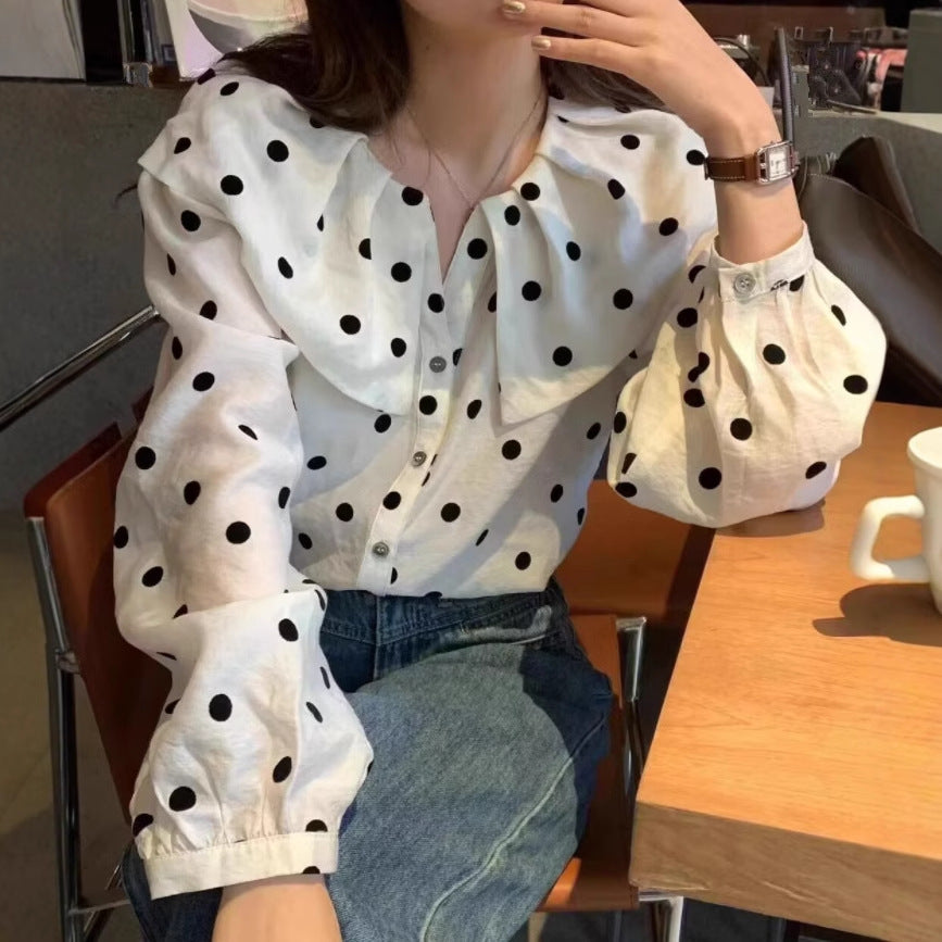 Womens Relaxed-fit Polka-dot Single-breasted Casual Shirt