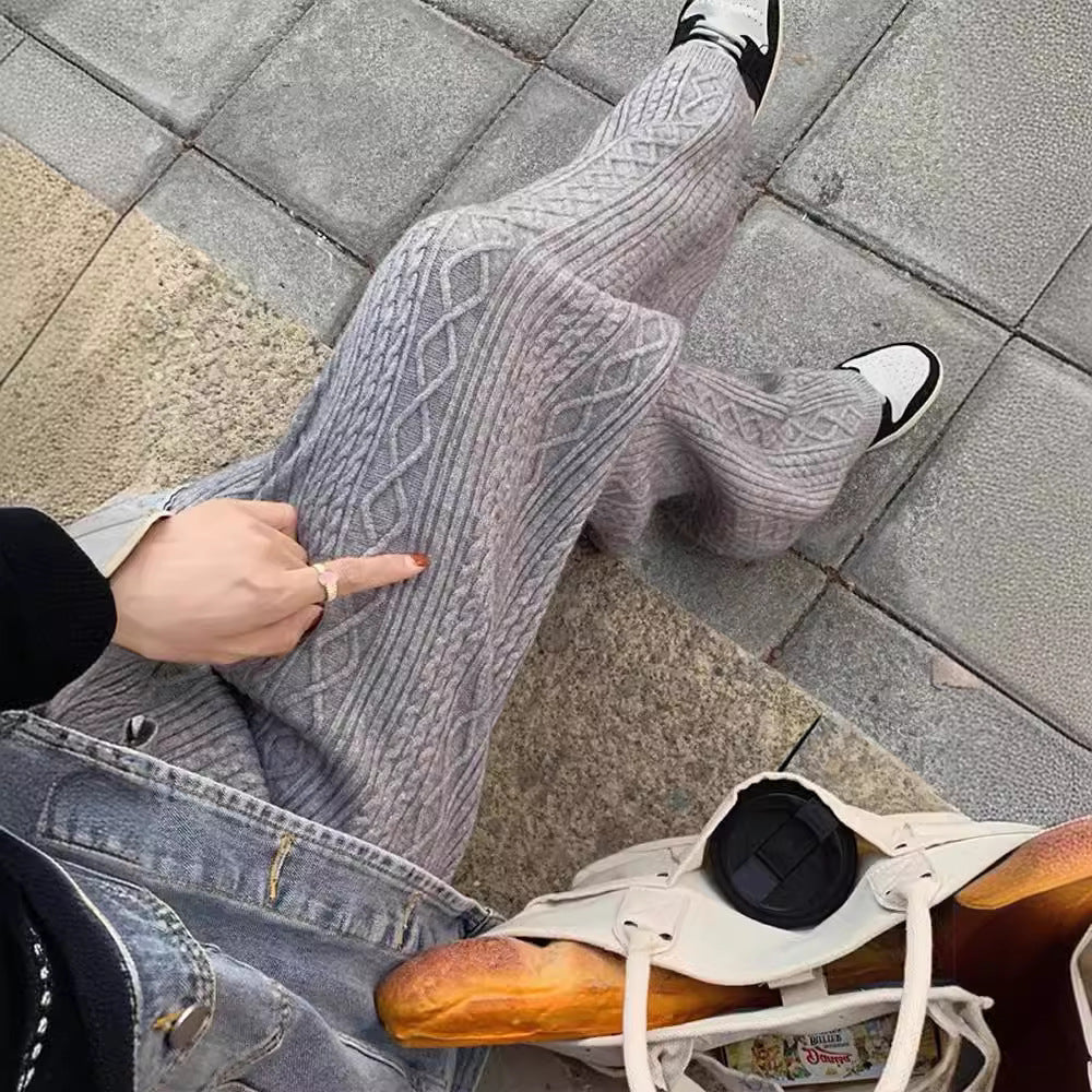 Womens Retro Cable-Knit Knit Floor-Length Wide-Leg Straight Pants