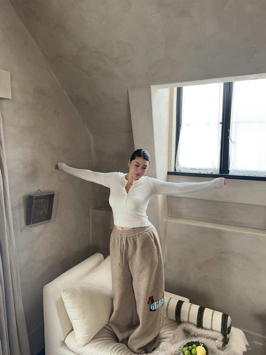 Large Loose Cute Sausage Puppy Embroidery Lamb Wool Wide Leg Casual Pants