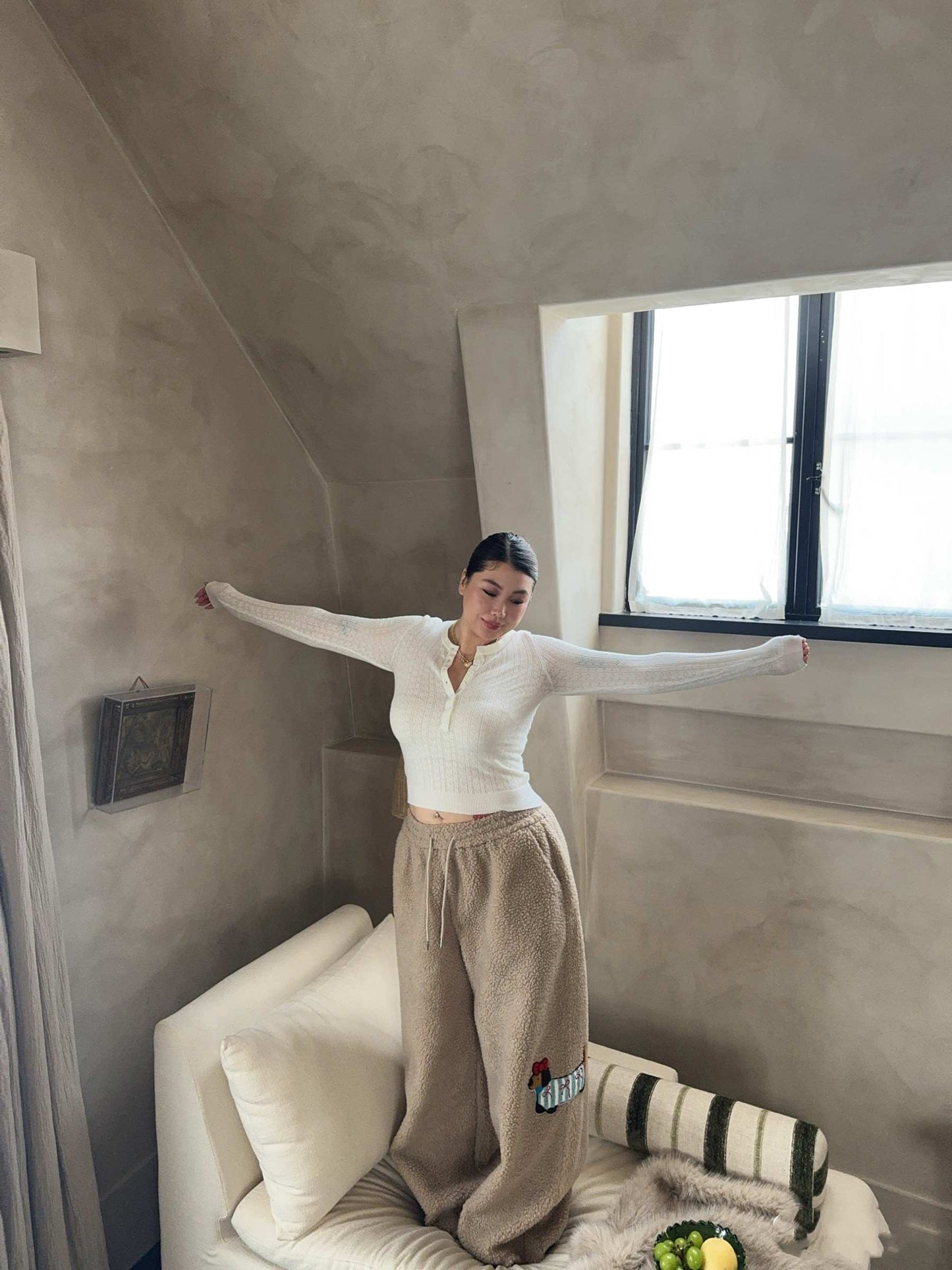 Large Loose Cute Sausage Puppy Embroidery Lamb Wool Wide Leg Casual Pants