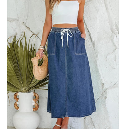 Womens Solid-Color Casual Drawstring Washed Denim Skirt