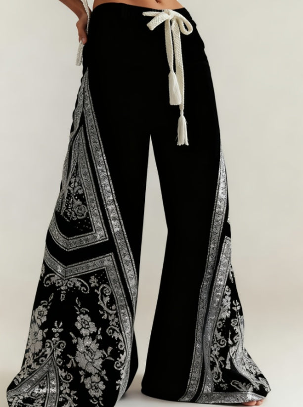 Women's Retro Patchwork Wide-Leg Pants, High-Waisted Drape Flared Pants, Ethnic Style Tie Casual Pants