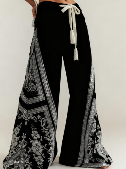 Women's Retro Patchwork Wide-Leg Pants, High-Waisted Drape Flared Pants, Ethnic Style Tie Casual Pants