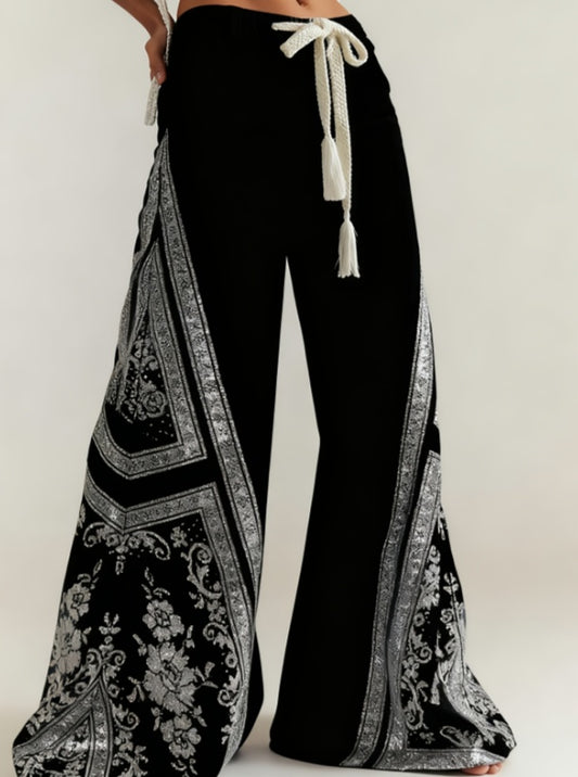 Women's Retro Patchwork Wide-Leg Pants, High-Waisted Drape Flared Pants, Ethnic Style Tie Casual Pants