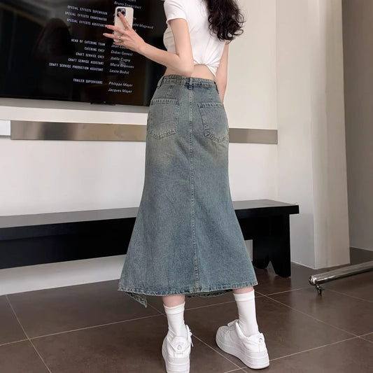 Irregularly Split Fishtail Denim Skirt