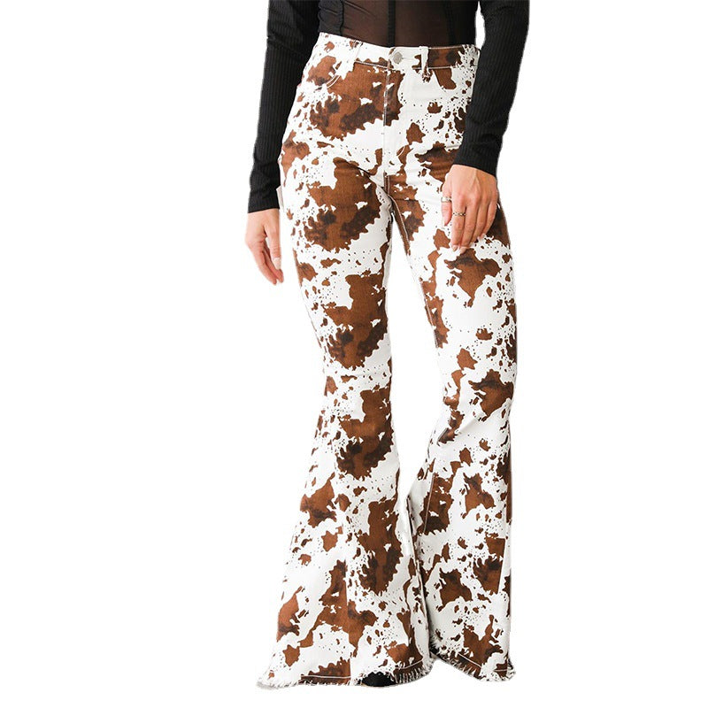 Womens Denim Floral Brown High-Waisted Flared Pants