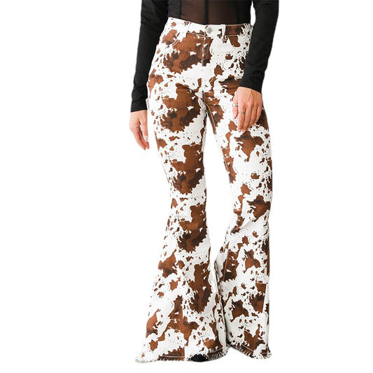 Womens Denim Floral Brown High-Waisted Flared Pants