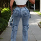 New Women's Casual And Versatile Multi-pocket Work Pants, Mid-waisted Washed Straight-cut Jeans