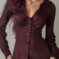 Collared Deep V-neck Button-up Slim Fit Long Sleeve Shirt Top