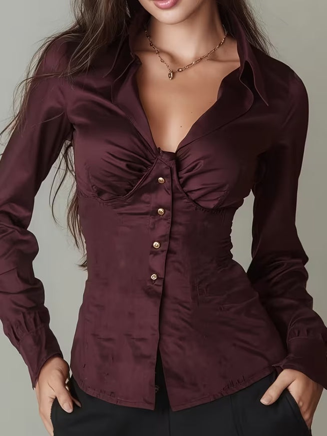 Collared Deep V-neck Button-up Slim Fit Long Sleeve Shirt Top