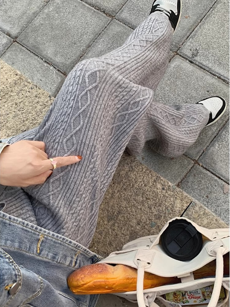 Womens Retro Cable-Knit Knit Floor-Length Wide-Leg Straight Pants