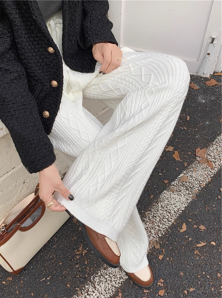 Womens Retro Cable-Knit Knit Floor-Length Wide-Leg Straight Pants