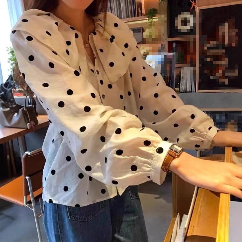 Womens Relaxed-fit Polka-dot Single-breasted Casual Shirt