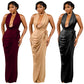 Solid-color Deep-V-neck Backless Figure-hugging Sheath Dress