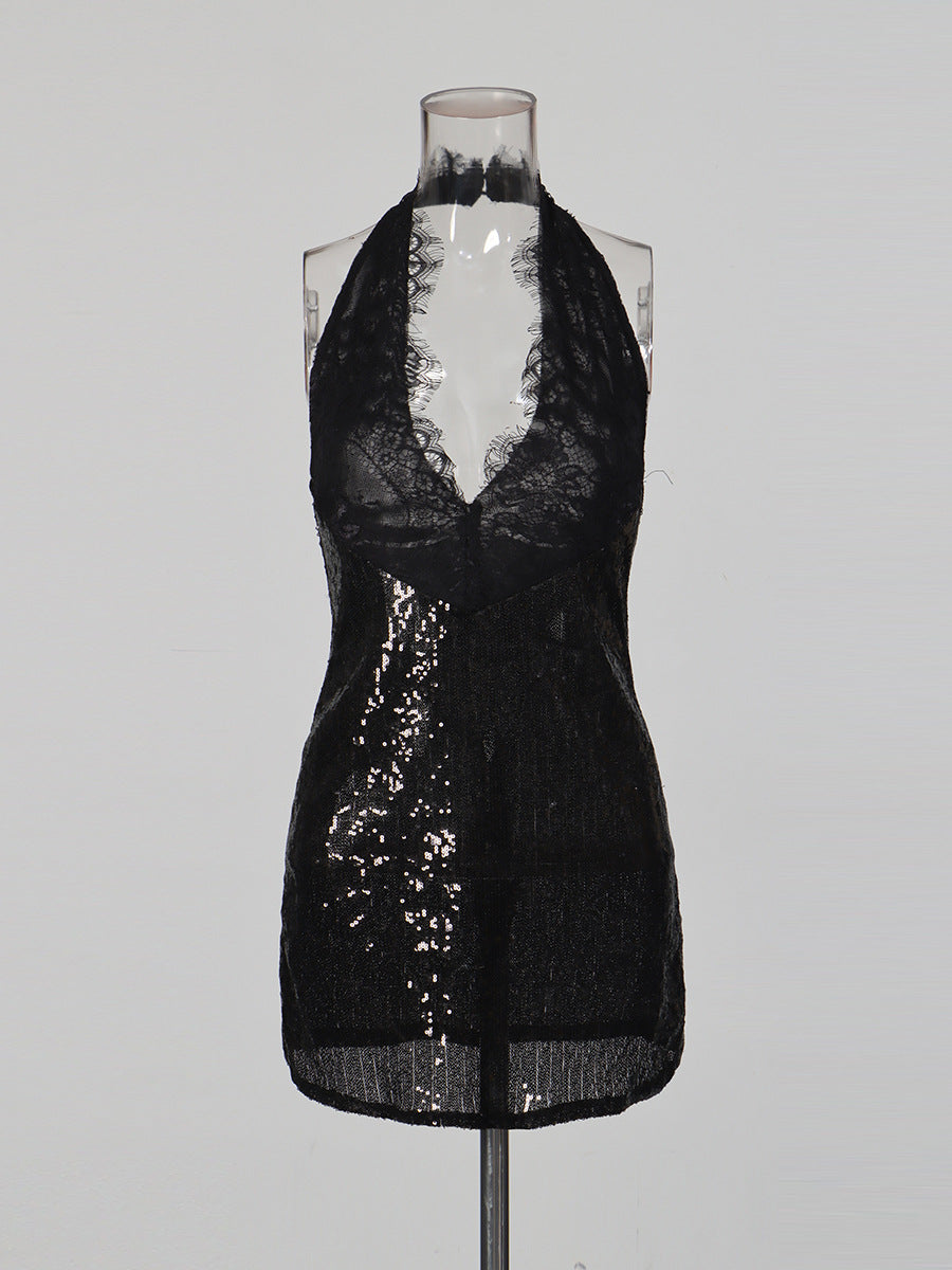 Fashionable Neck Hanging Sequin Waist Cinching Short Dress